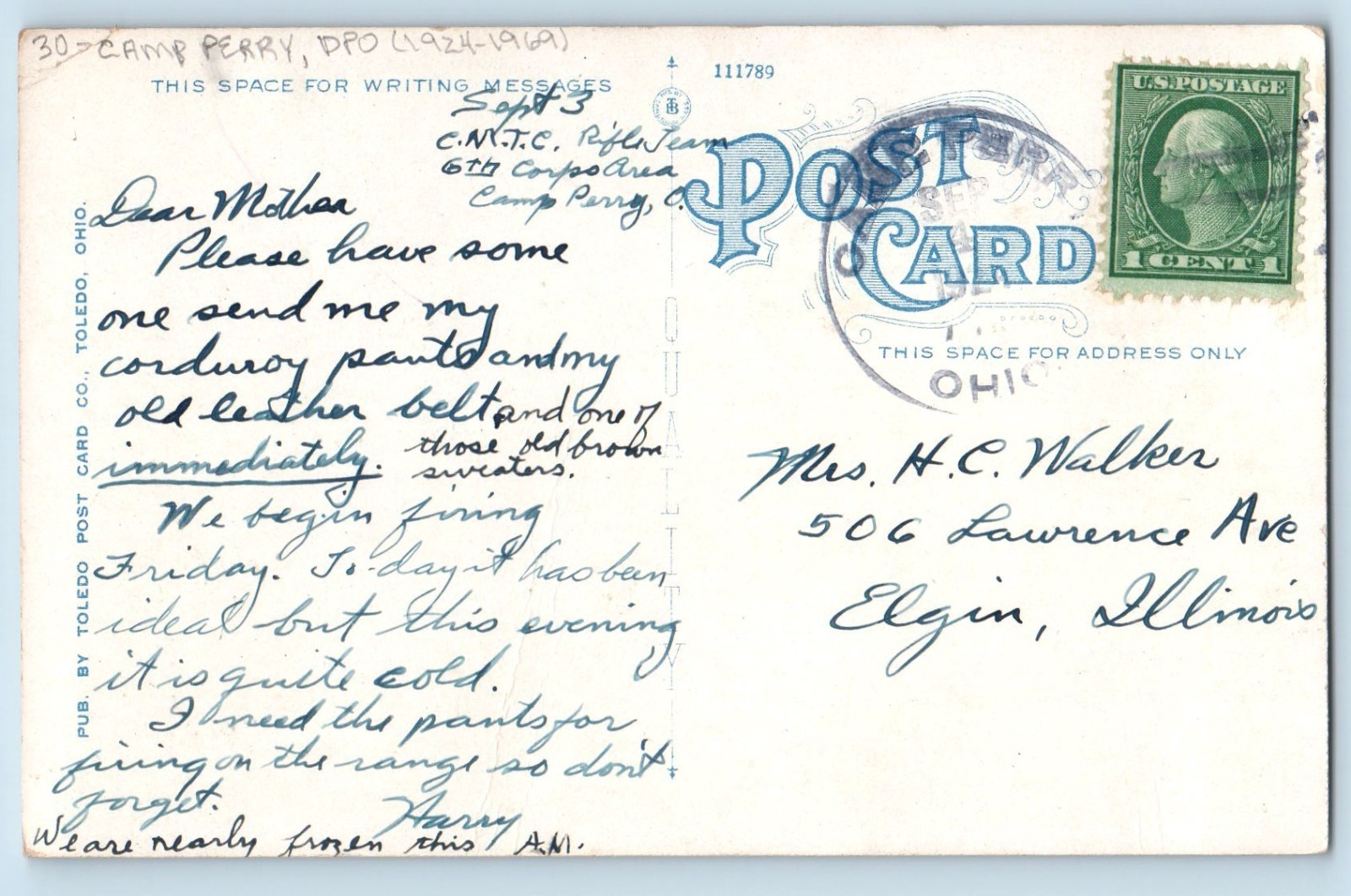 c1930’s Post Office Toledo Ohio Camp Perry OH DPO (1924-1969) Vintage Postcard
