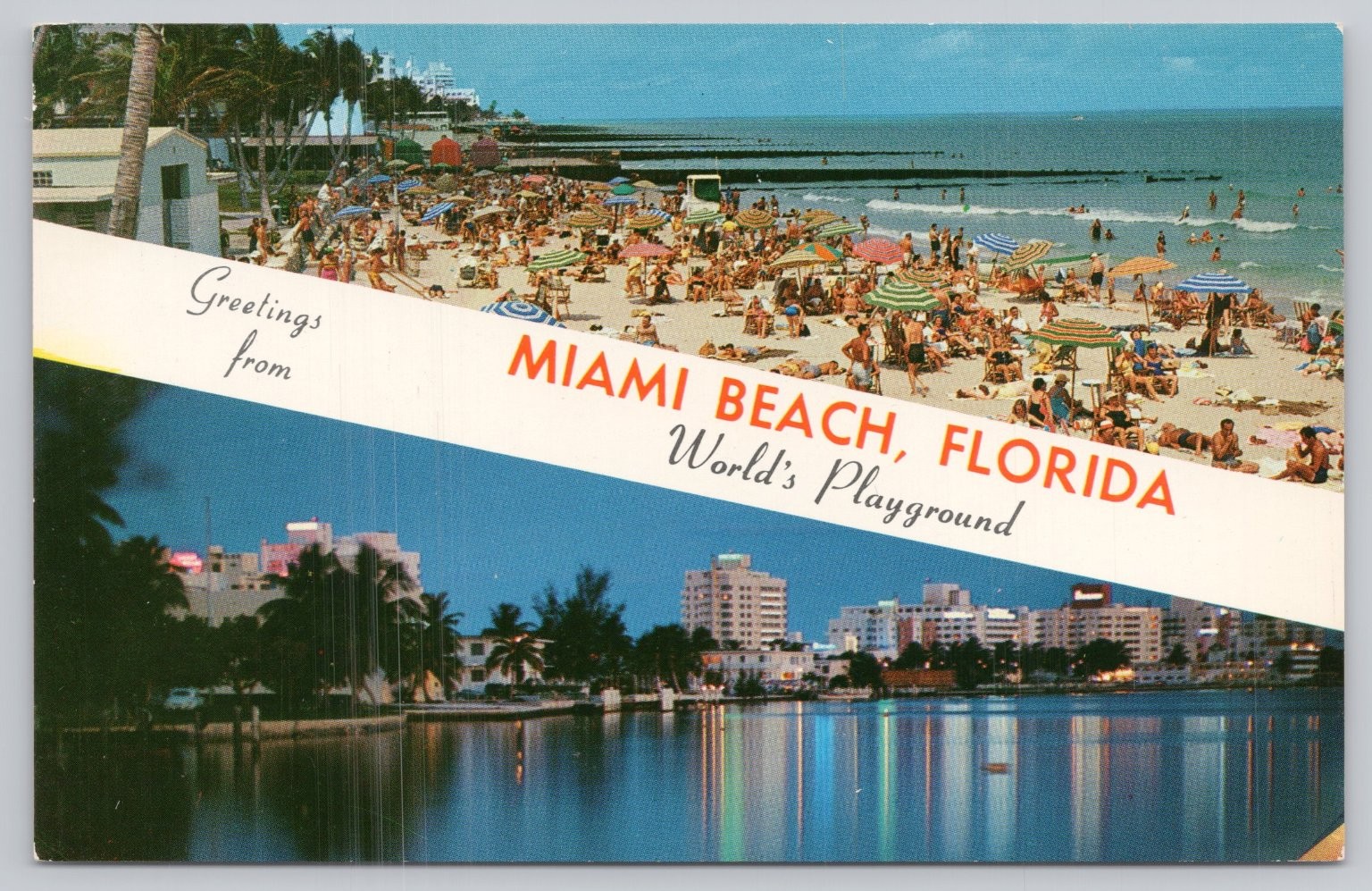 Vintage Miami Beach Florida Postcard World’s Playground Day Night Scene