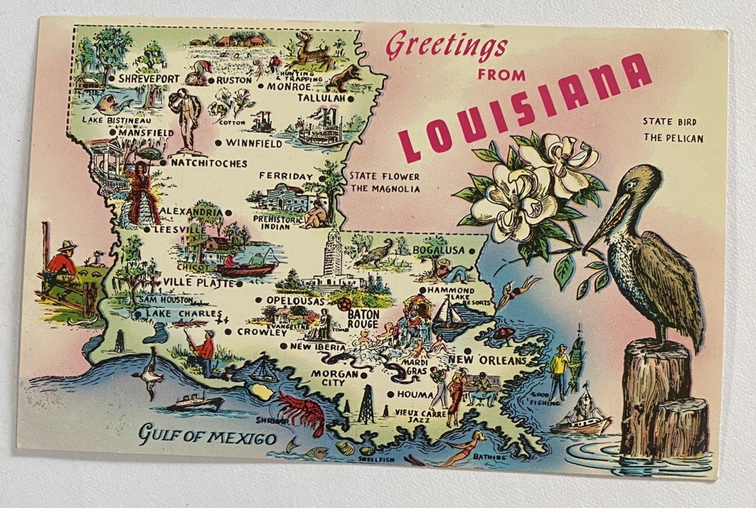 Vintage Postcard ~ Illustrated Map Louisiana Cities Hunting Fishing & Recreation