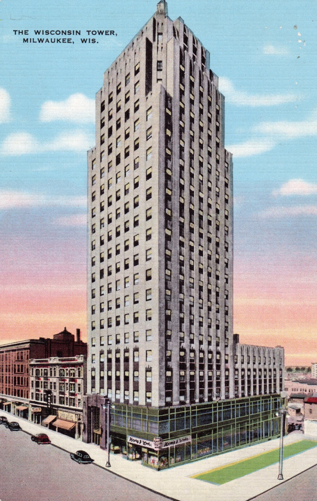 The Wisconsin Tower Milwaukee Wisconsin Postcard hand colored print