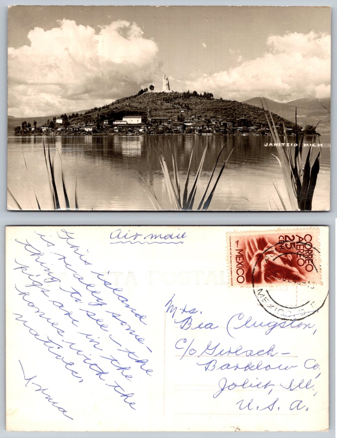 RPPC Janitzio Michoacan Mexico Morelos Statue Island View 1943 Postcard