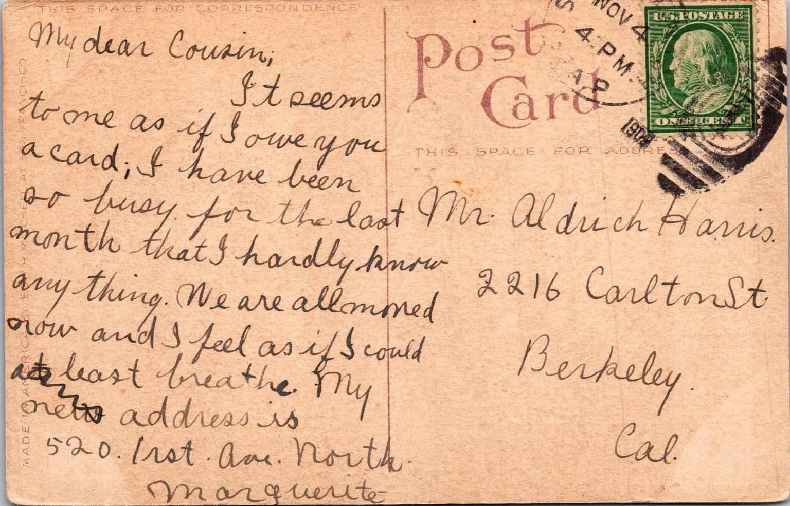 St. James Cathedral Seattle WA Interior & Altar Postcard 1908 Posted
