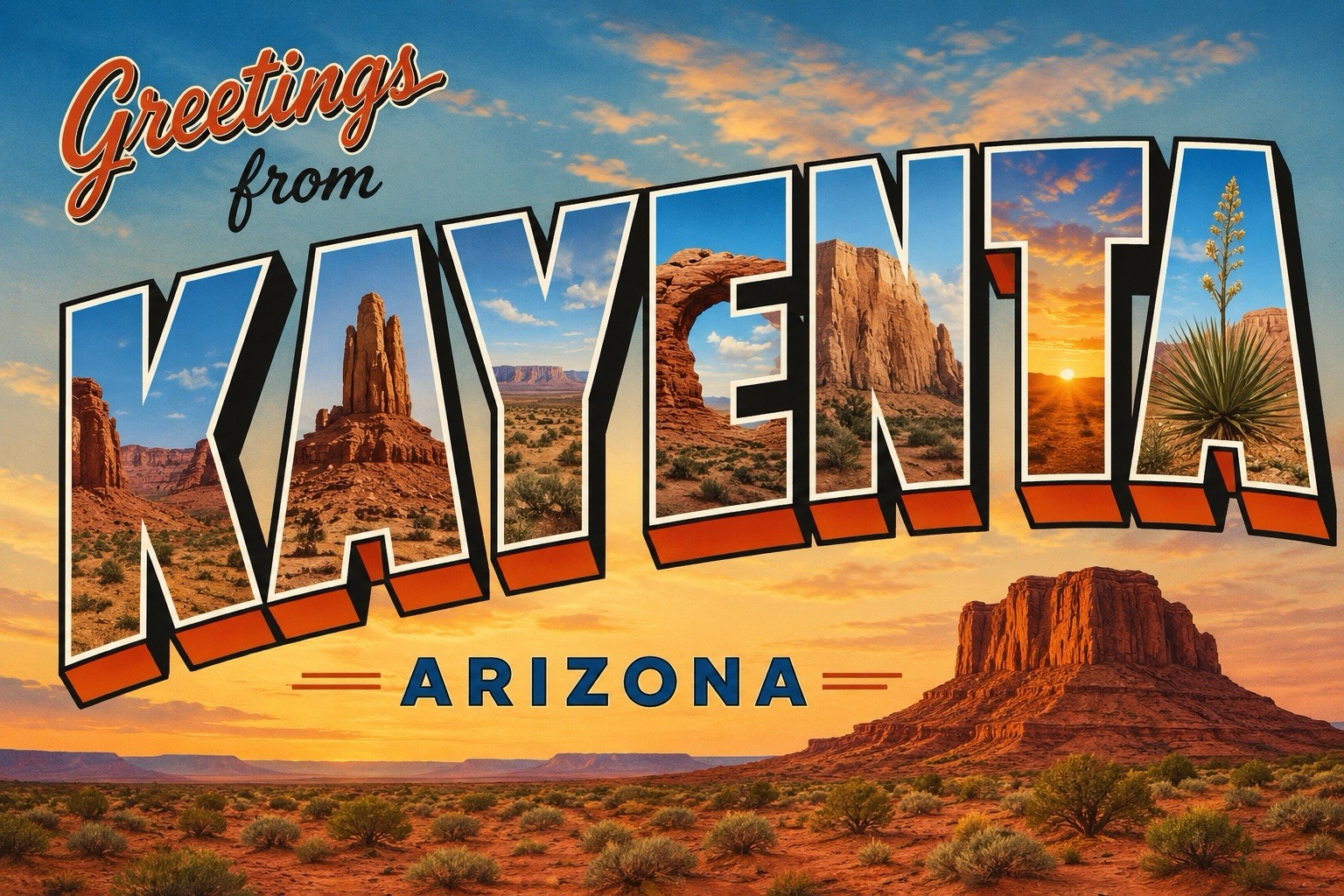 Greetings from Kayenta, Arizona Modern Vintage Postcard Large Letter B891