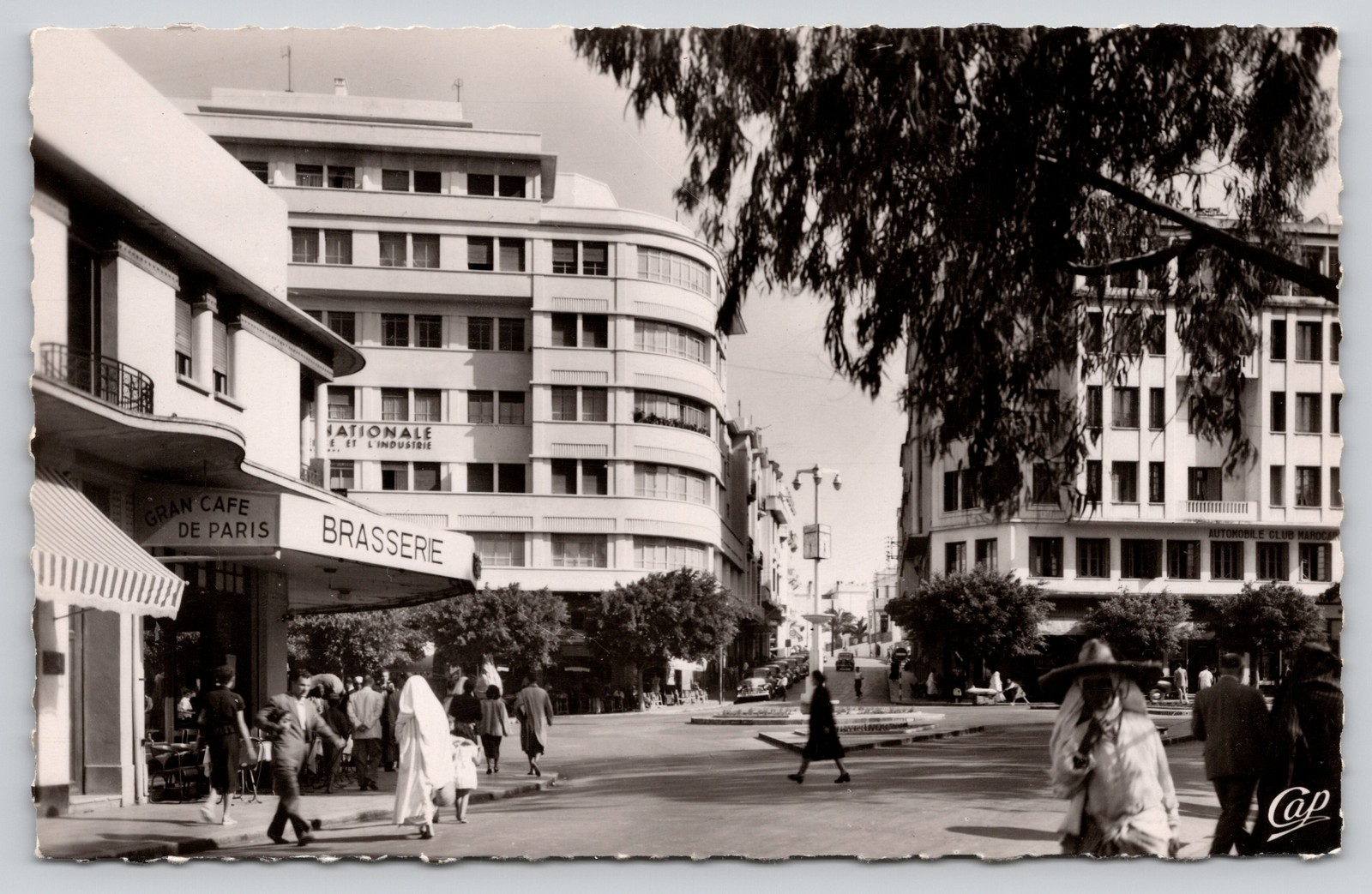 Pedestrians Passing by Grand Cafe de Paris Tangier Morocco RPPC Postcard