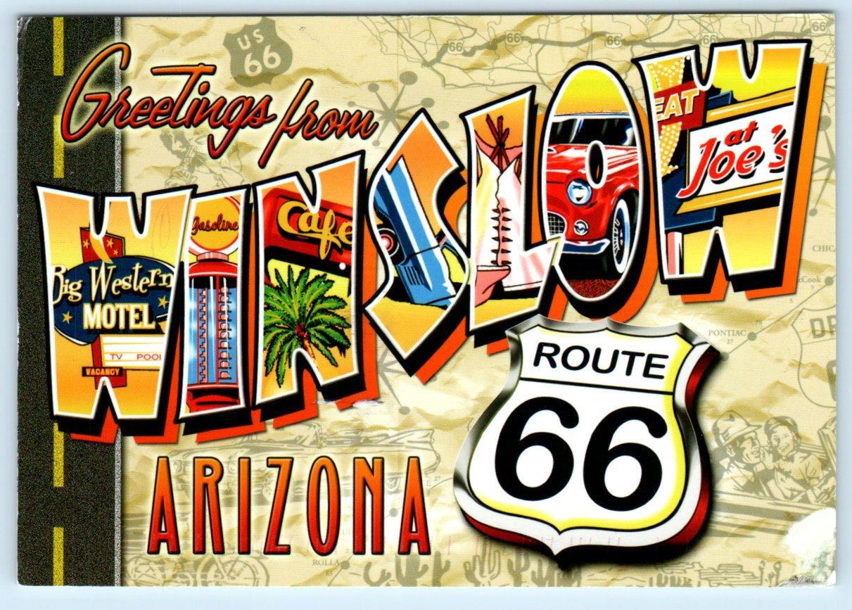 ROUTE 66 Large Letter Chrome WINSLOW, ARIZONA AZ ~ Continental 4″x6″ Postcard