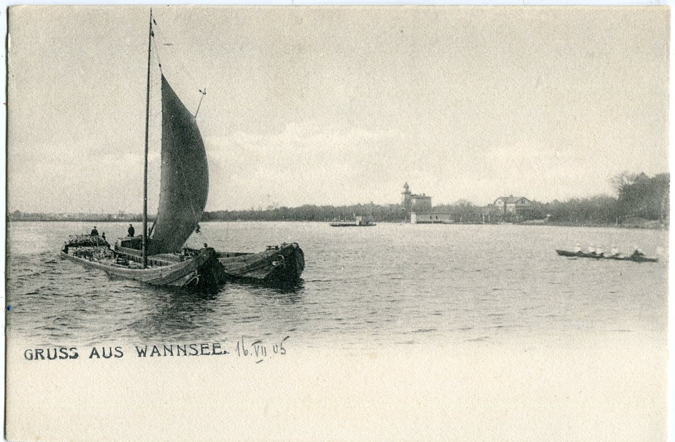 Postcard Berlin Zehlendorf greeting from Wannsee, rowers, sailors, building around 1906