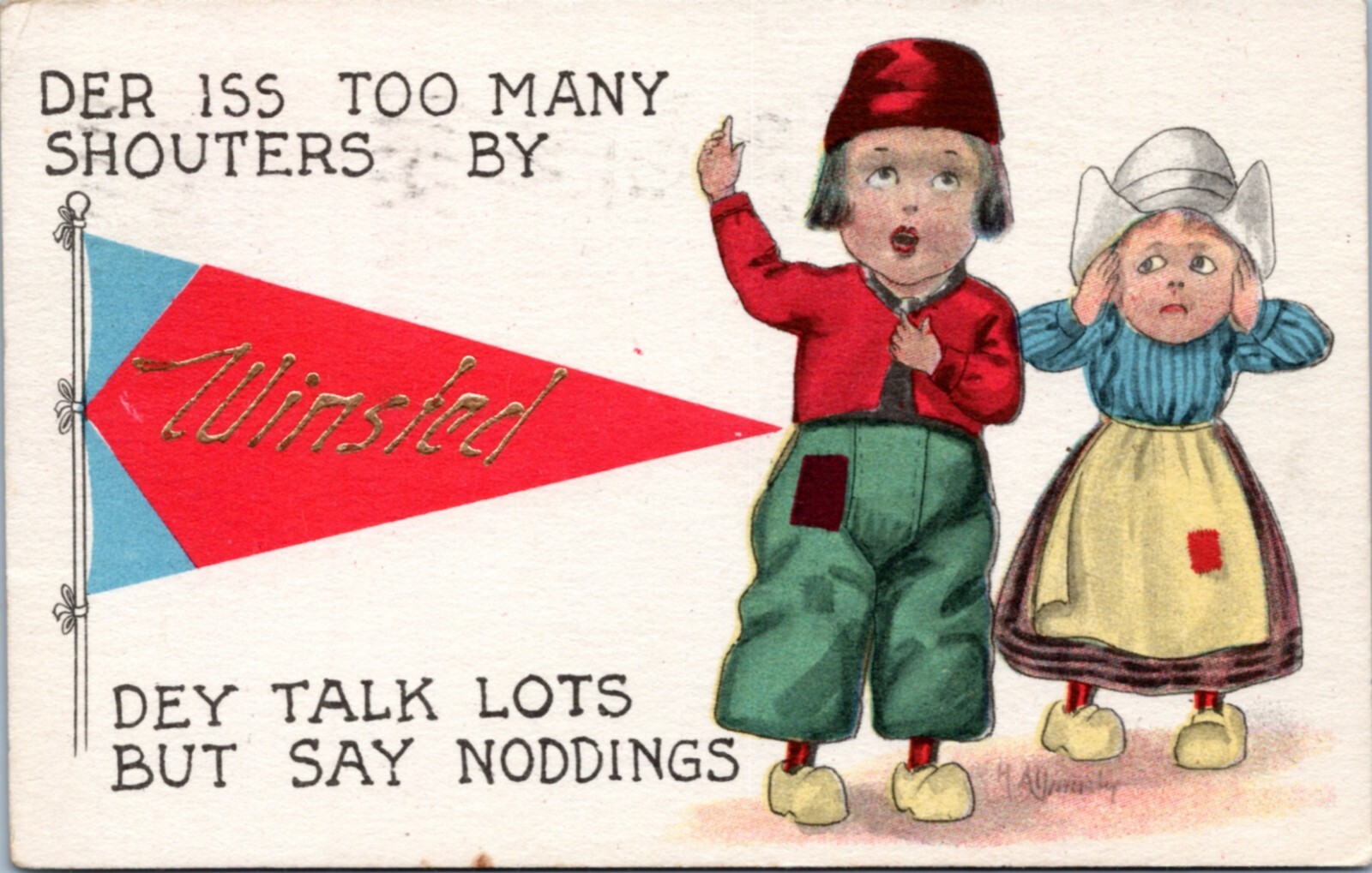 Postcard Dutch Boy Girl CT Winsted Der Iss Too Many Shouters Say Noddings