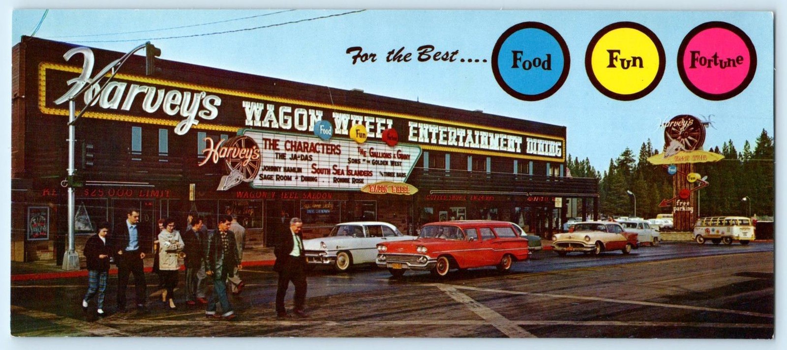 LAKE TAHOE, NV ~ Casino HARVEY’S WAGON WHEEL 1950s Cars Highway 50 Long Postcard