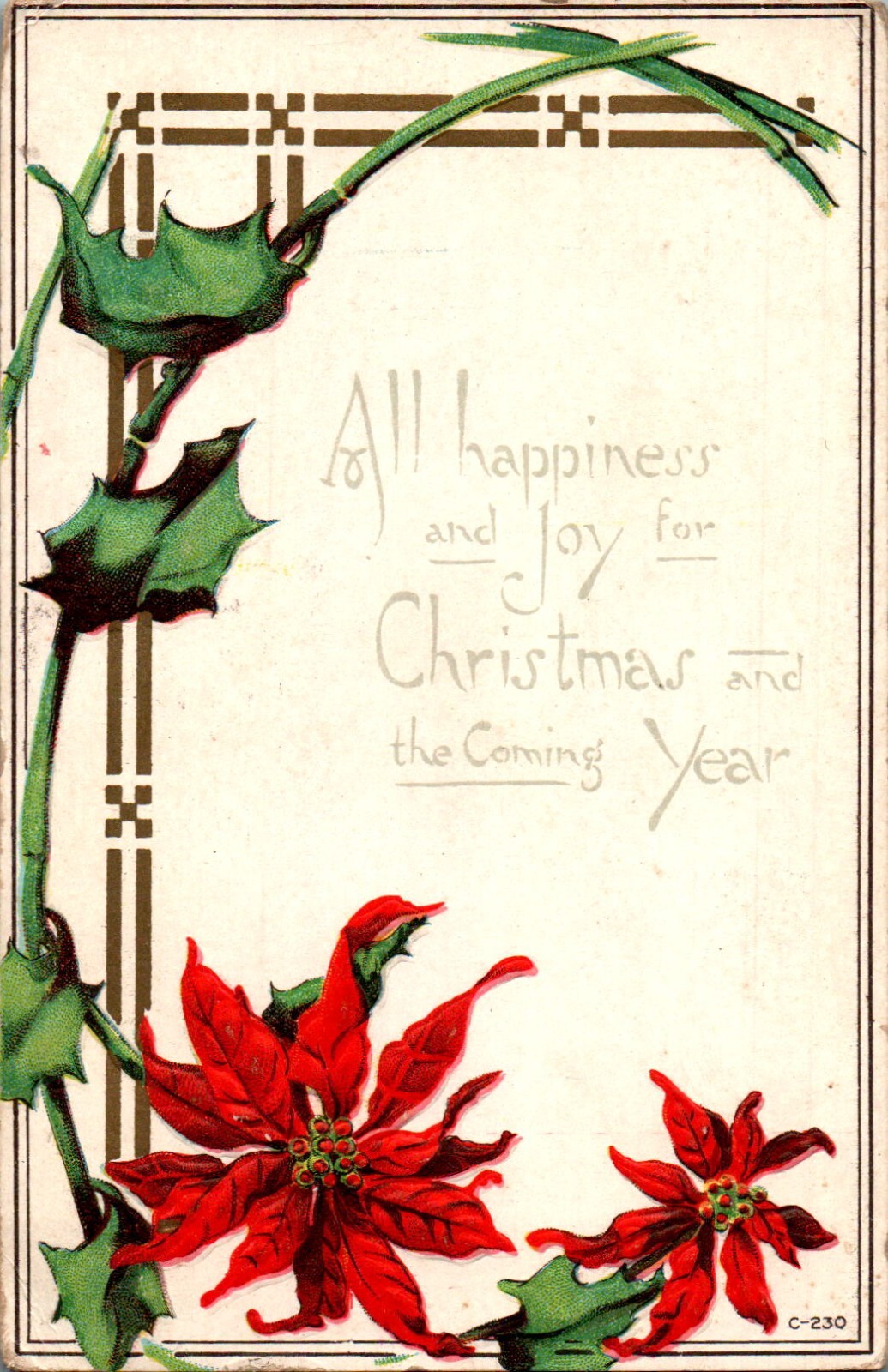 Happiness and Joy, Christmas and New Year, 1921 Embossed Postcard