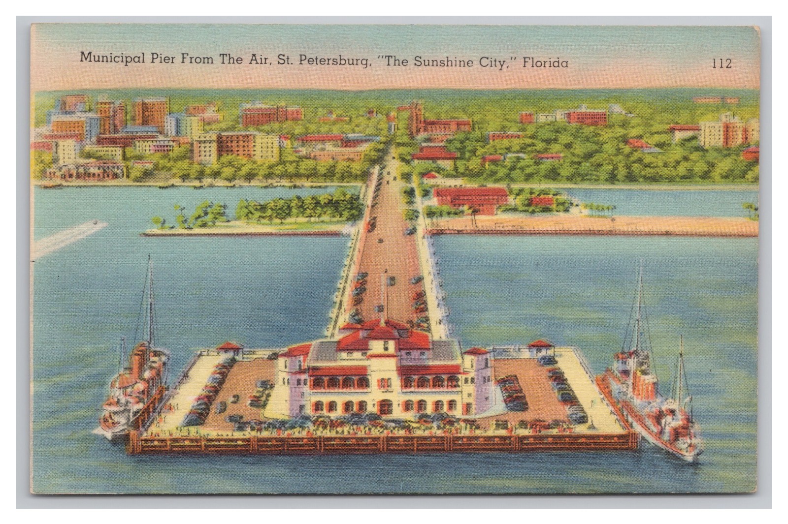 Municipal Pier From Air St Petersburg Florida Scenic View Linen Postcard Unused
