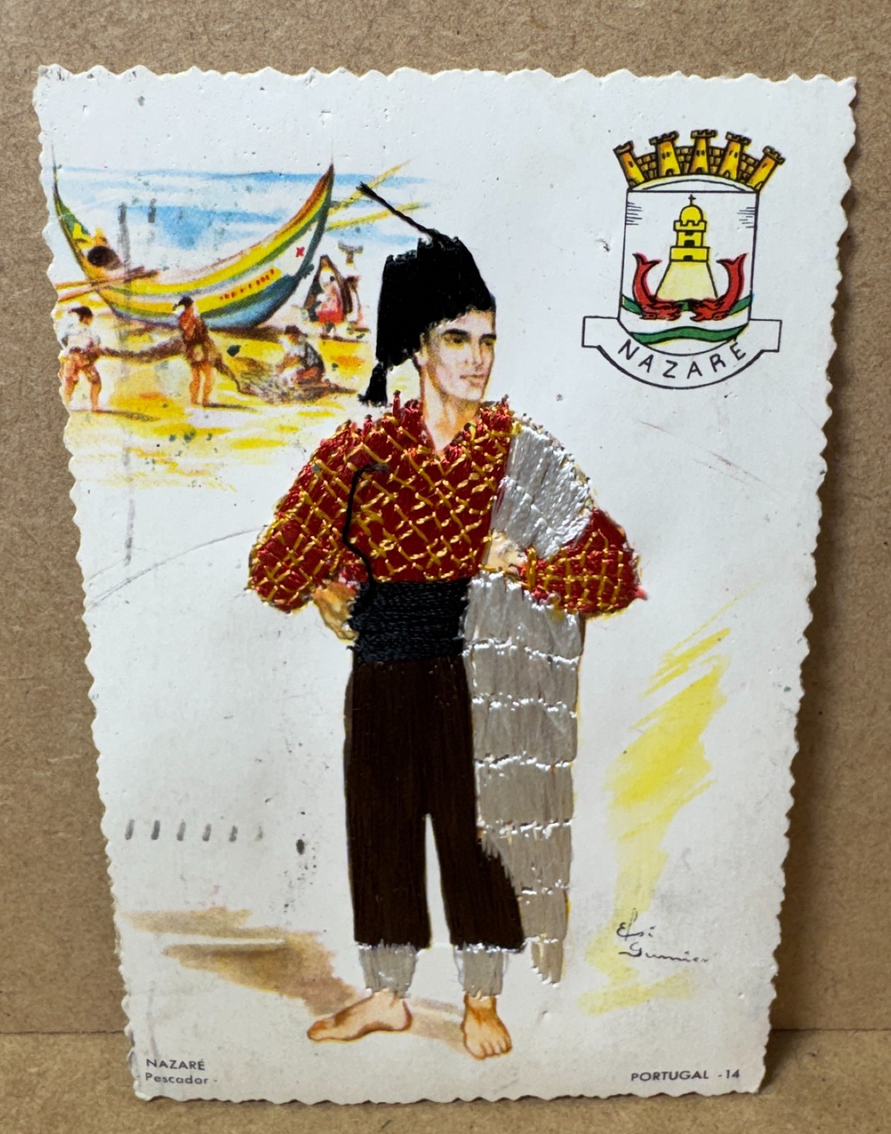 Vintage Silk Embroidered Postcard Nazare Portuguese Fisherman Art Spain Pescador