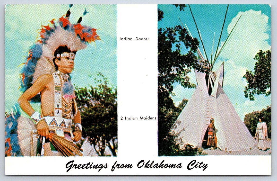 Vintage Oklahoma Postcard OKLAHOMA CITY Indian Dancer Maidens Teepee
