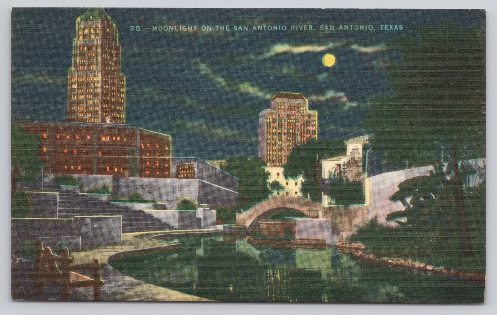Moonlight on San Antonio River San Antonio TX Texas Vintage Postcard