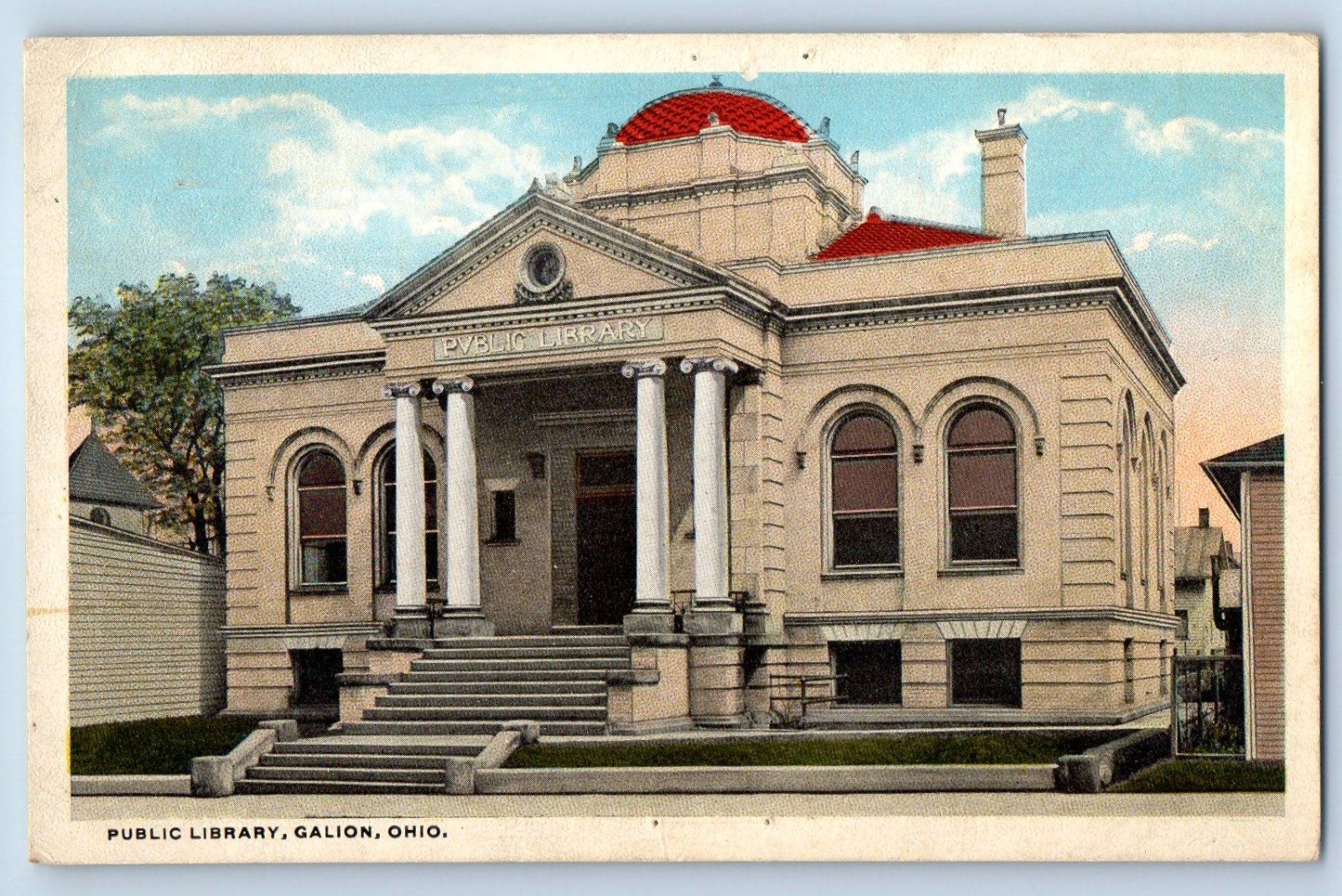 1916 Galion Ohio Vintage Postcard Public Library Building Roadside View Posted