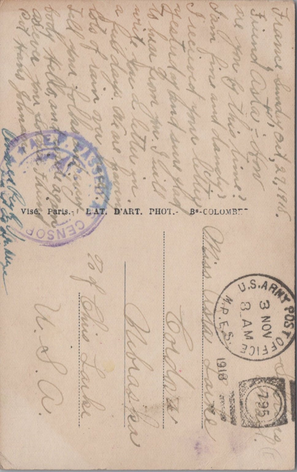 WWI French & American Soldiers Friends For Ever Postcard 1918 Military Postal
