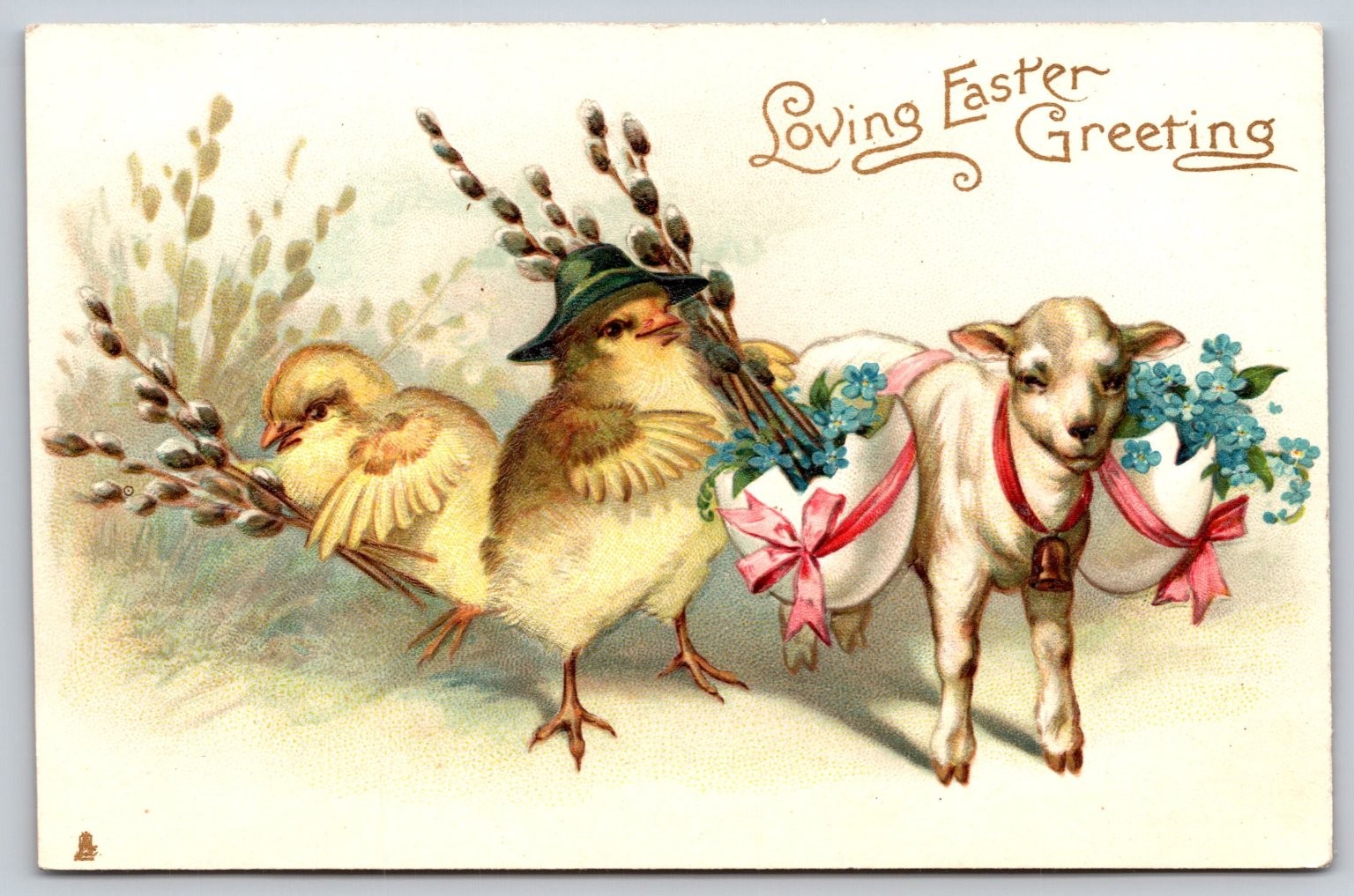 1931 Raphael Tuck Easter Postcard Chicks Lamb Pussy Willows Santa Barbara C461