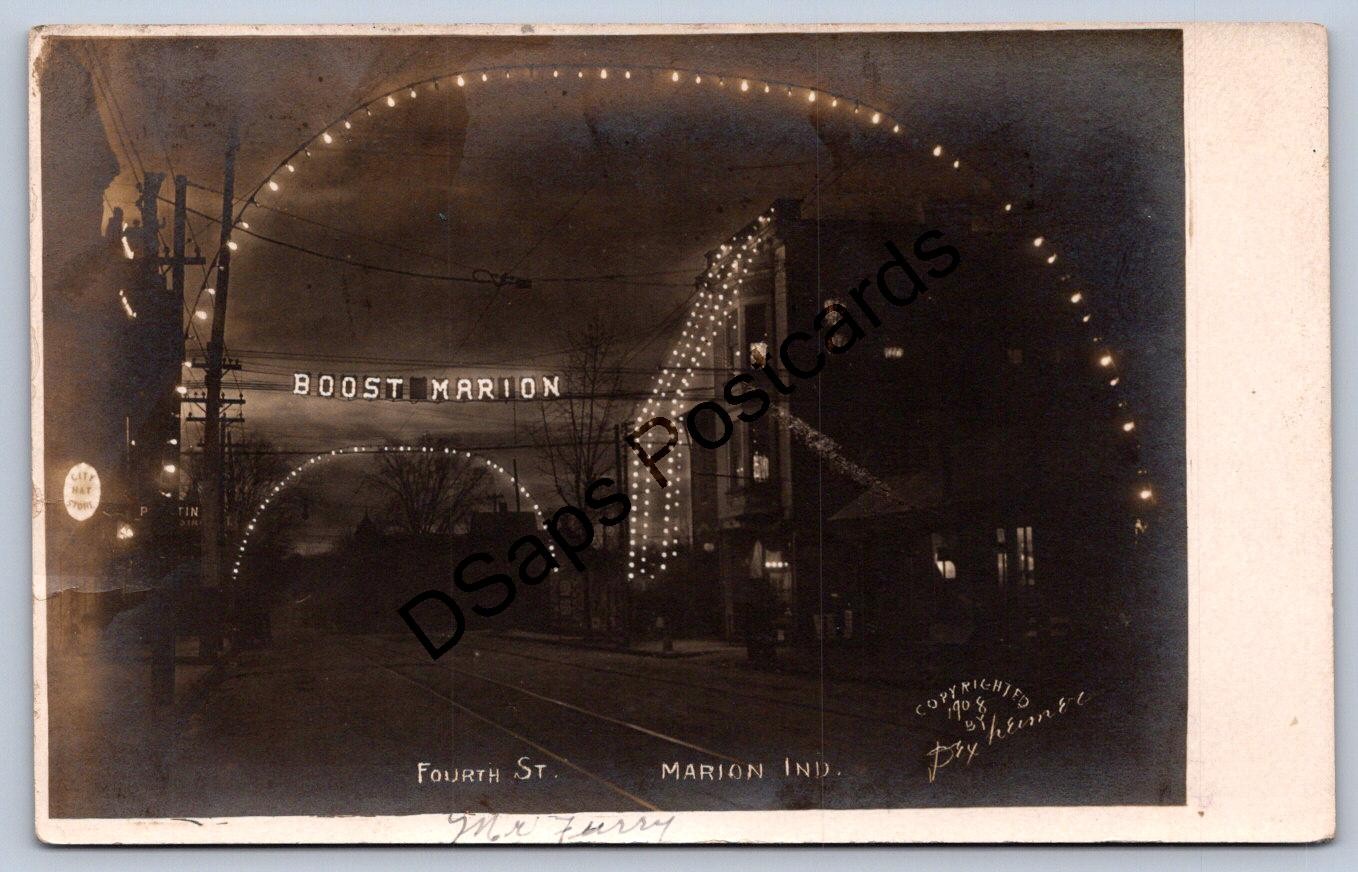 K62/ Marion Indiana RPPC Postcard c1910 Night Arch Fourth Street “Boost” 333