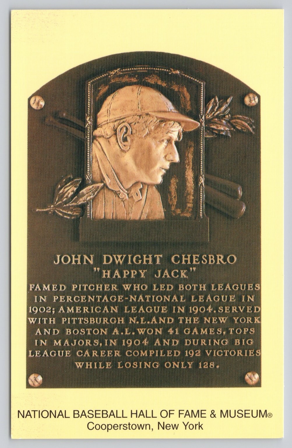 John Dwight Chesbro Baseball Hall of Fame Plaque Postcard Cooperstown