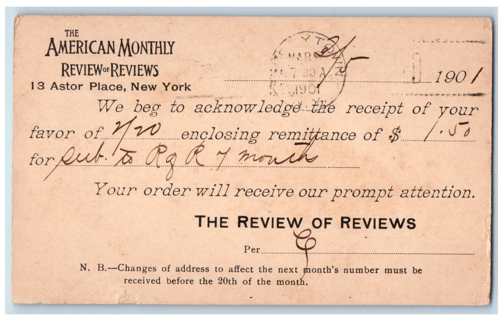 1901 American Monthly Review of Reviews Receipt New York NY Postal Card