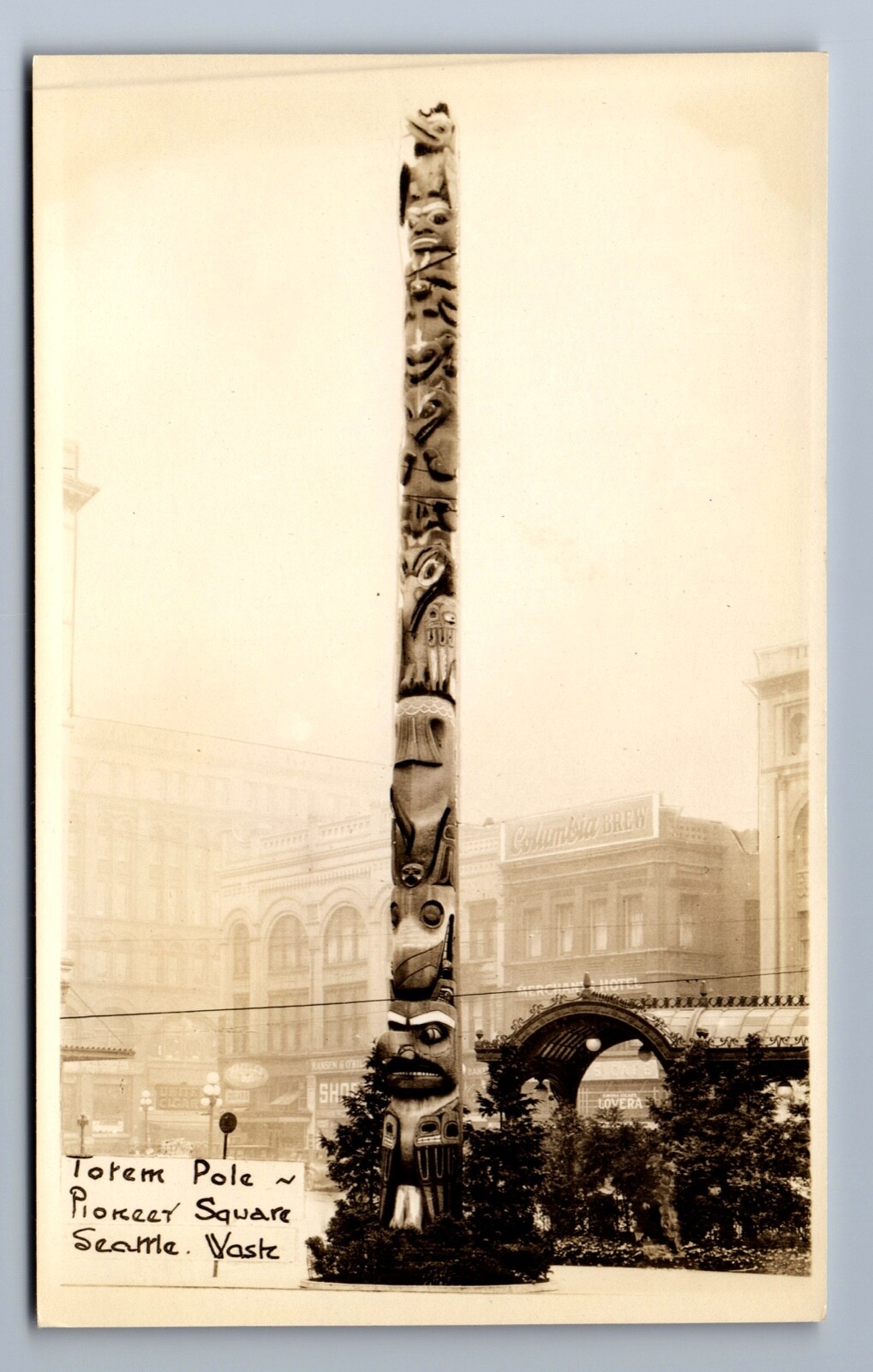 C.1930 RPPC SEATTLE WA TOTEM PIONEER, COLUMBIA BREW, LOVERA, HOTEL Postcard P10