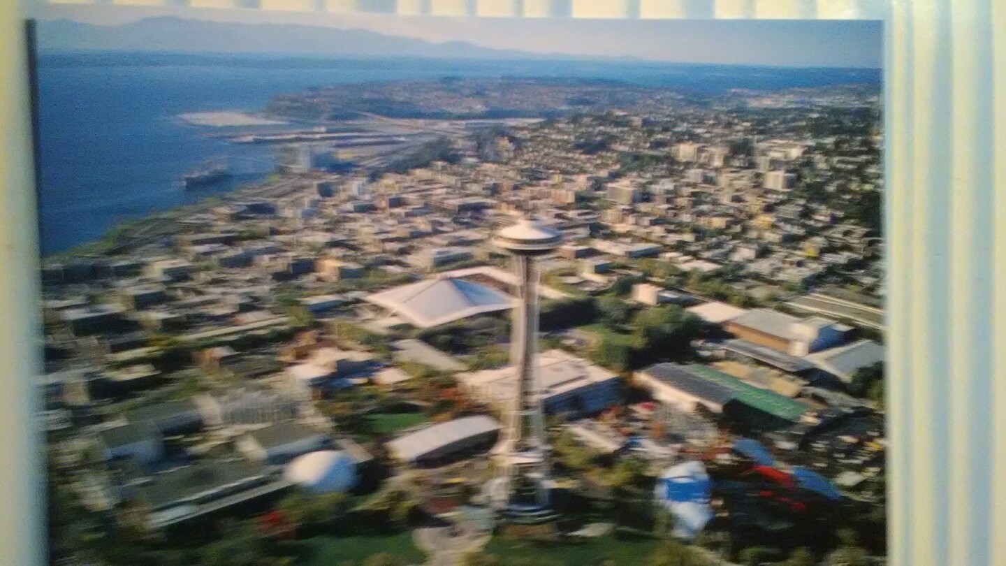 BRIGHT AIR VIEW PHOTO POST CARD OVER THE CITY OF SEATTLE WASHINGTON