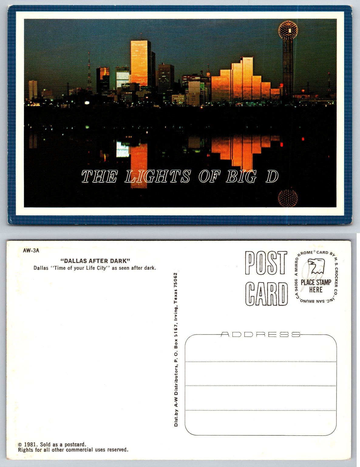 1981 Dallas Texas Skyline “Lights of Big D” Mirro-Krome Postcard Unposted