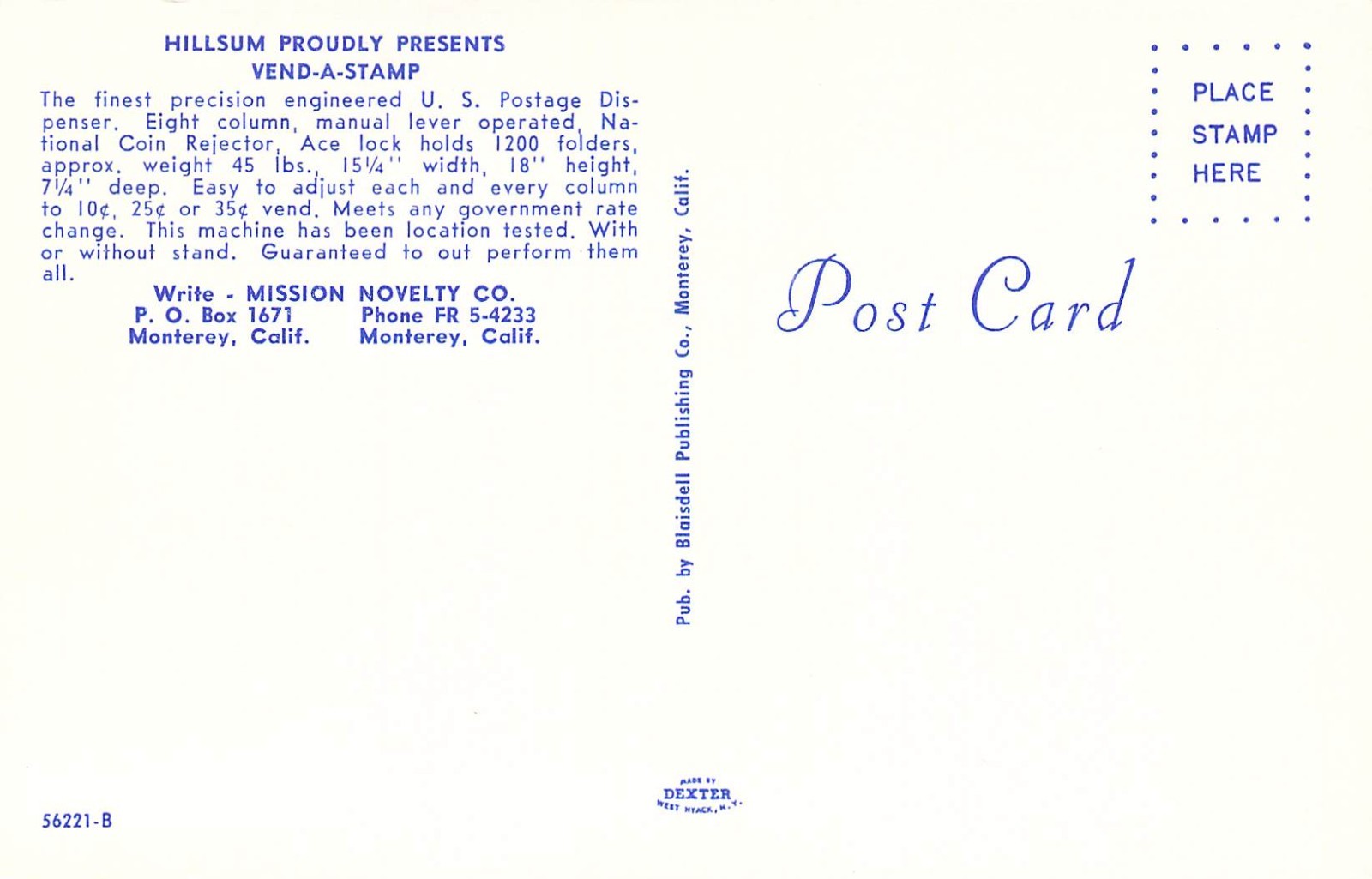 1962 CA Monterey Hillsum Vend-A-Stamp vending machine Advertising Postcard N74