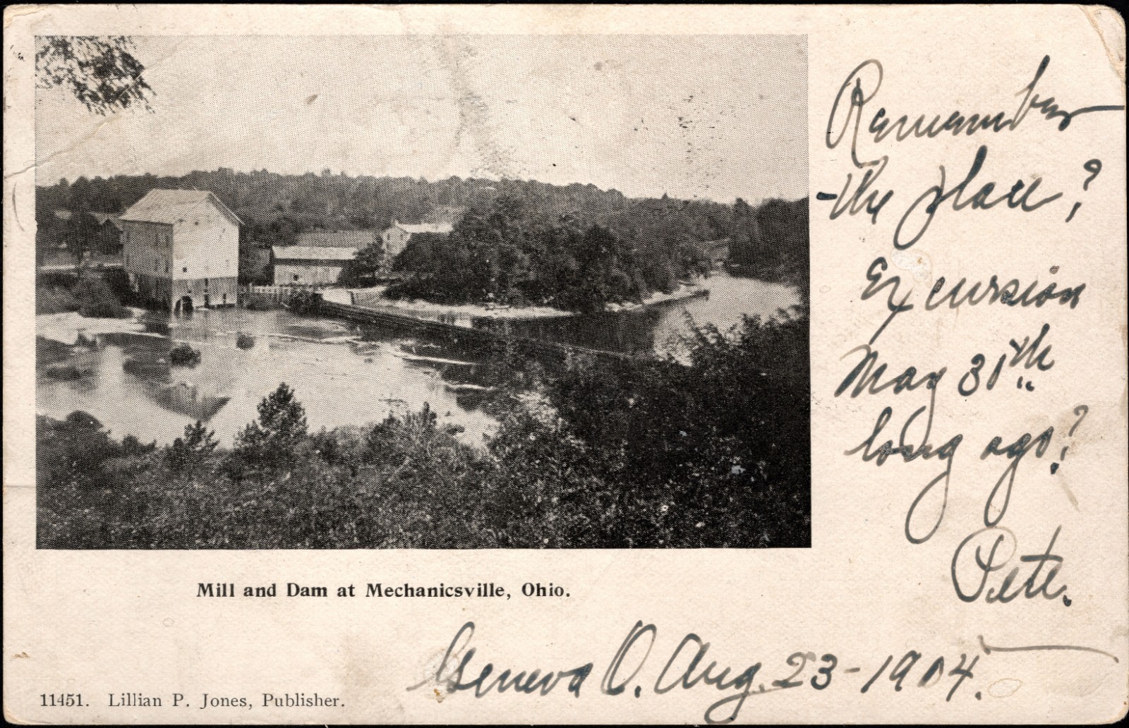 Mechanicsville OH Mill and Dam Undivided Back 1904 Lillian P. Jones