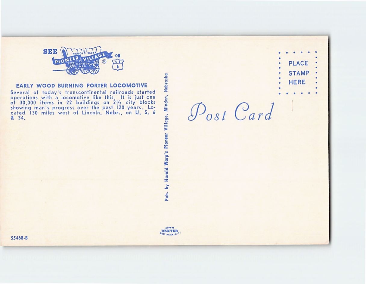Postcard Early Wood Burning Porter Locomotive Pioneer Village Minden Nebraska