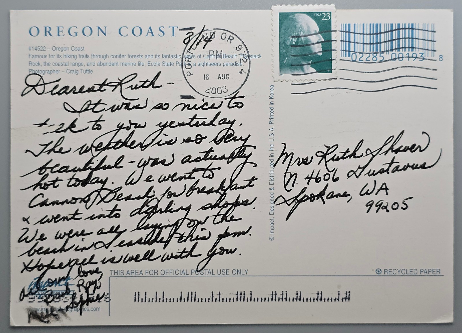 Oregon Coast Cannon Beach Haystack Rock Postcard 2003 Pacific City OR to Spokane