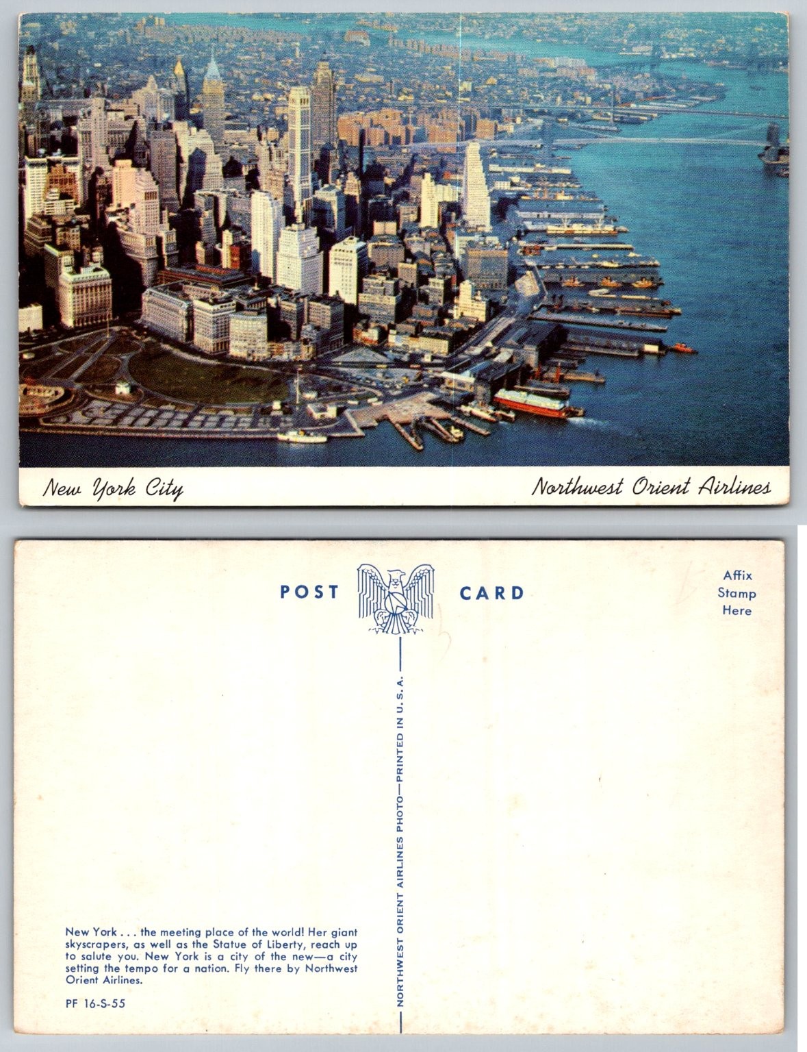 Vintage New York City Aerial View Postcard Northwest Orient Airlines NYC Skyline