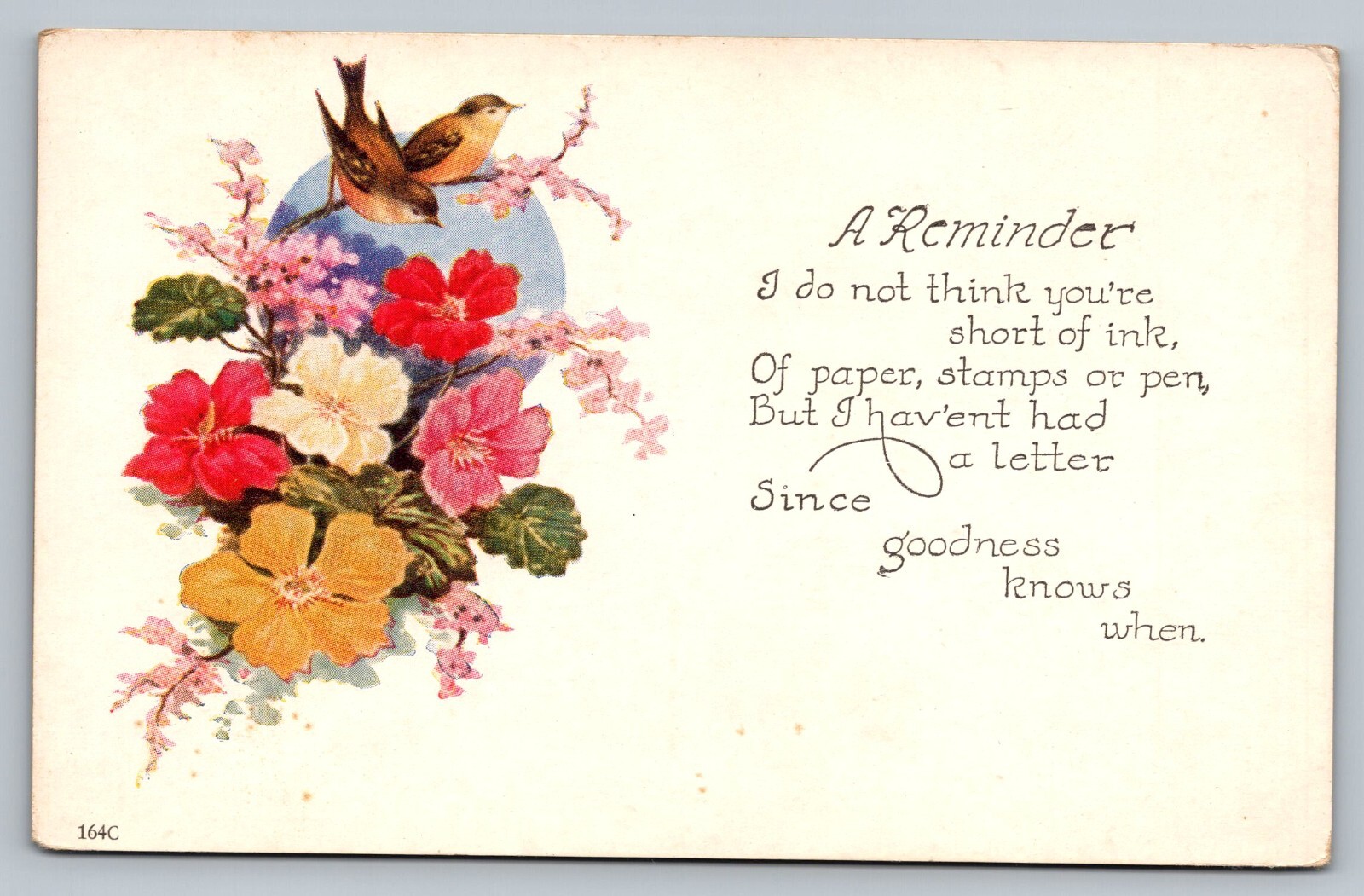 A Reminder Greeting Birds Floral c1910 Unposted Divided Back Vintage Postcard