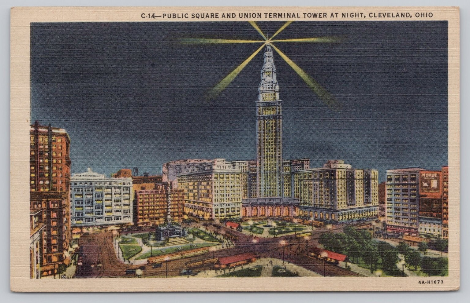 Linen Postcard Public Square & Union Terminal Tower Night Cleveland