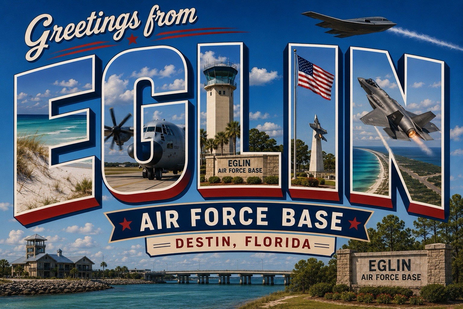 Greetings from Eglin Air Force Base Florida Postcard Large Letter Military C257