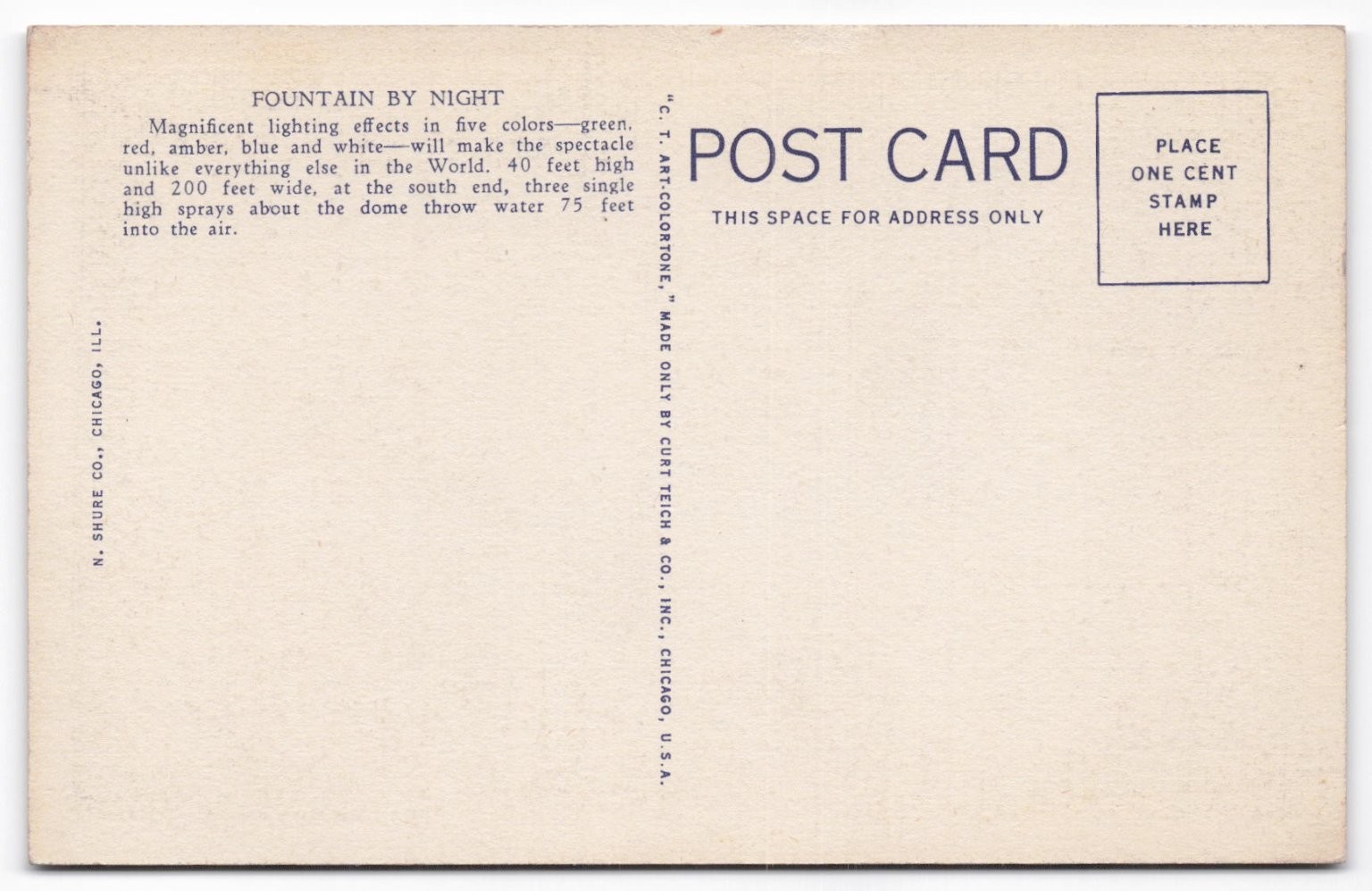Chicago World’s Fair Fountain by Night Linen Postcard 1930s Curt Teich