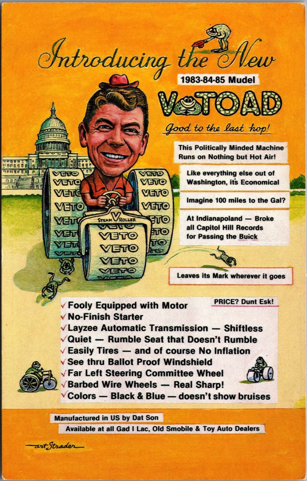 1982 Ronald Reagan V-TOAD Political Satire Postcard Art Strader Unposted