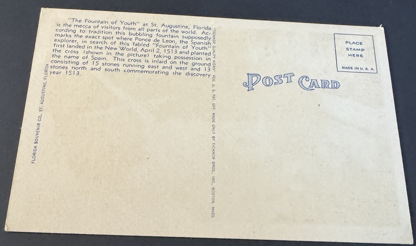 Vintage Postcard St. Augustine Florida Spring and Cross At The Fountain Of Youth