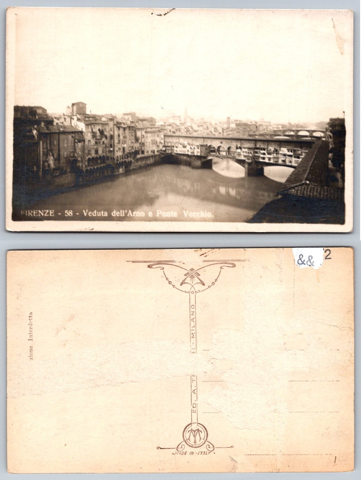Florence Italy Ponte Vecchio Arno River Real Photo RPPC Postcard ED. A. T. I.