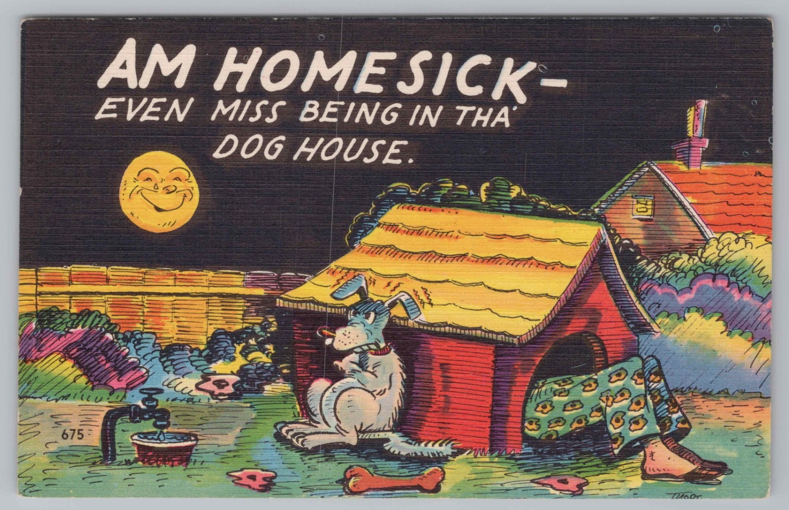 Postcard Homesick Dog None None Doghouse Moon Cartoon UNP Linen