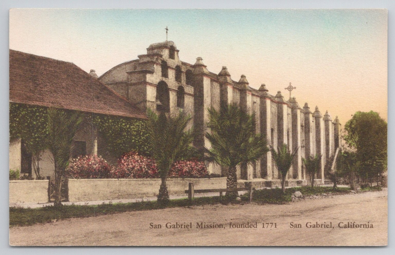 San Gabriel Mission CA Hand Colored Postcard Albertype Co. California History