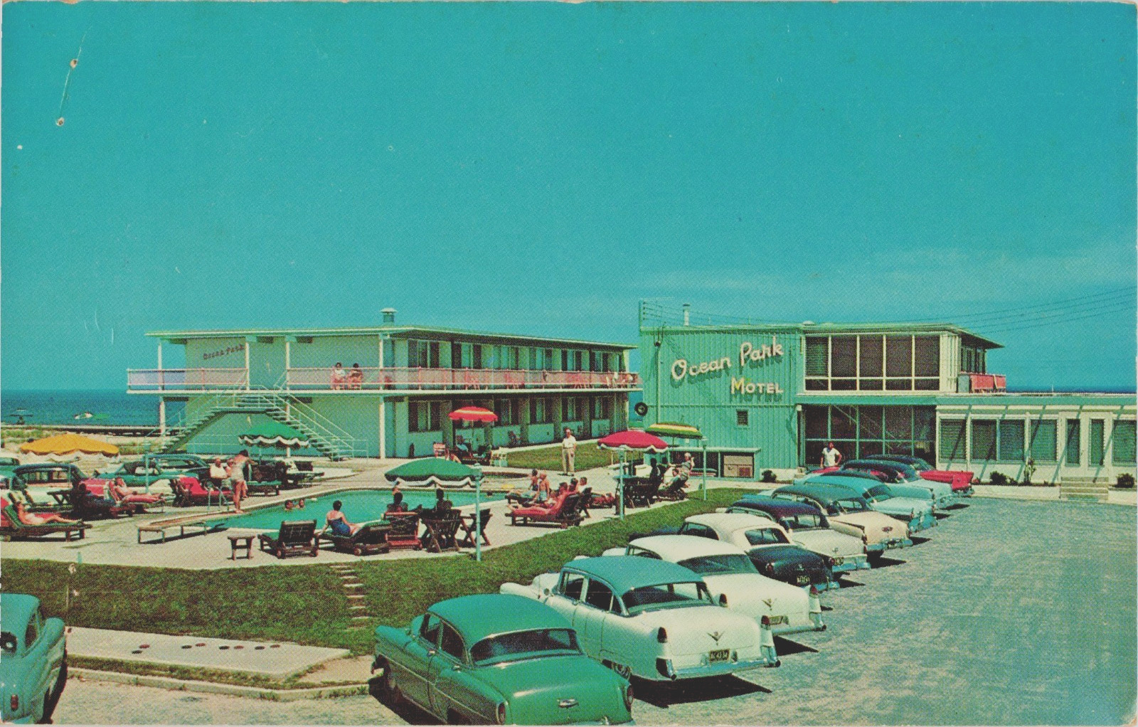 Ocean City Maryland Ocean Park Motel Postcard 1950s 17th St Boardwalk Old Cars