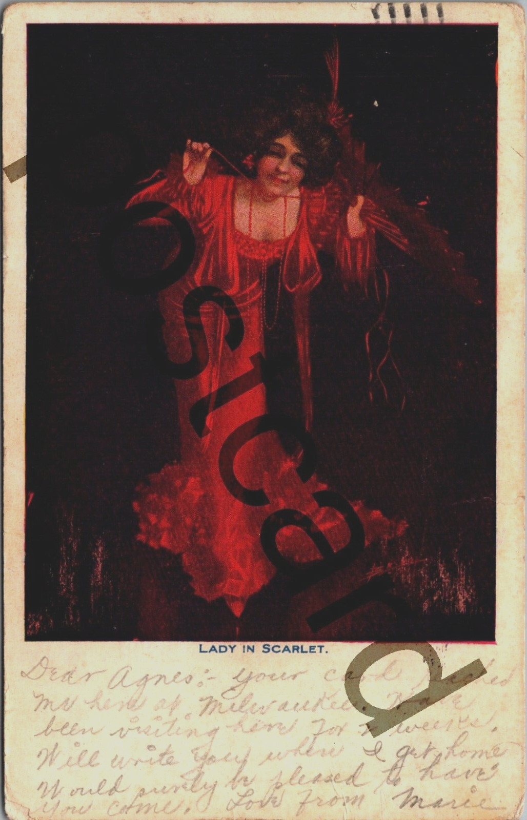 1915 GLAMOR GIRL, “Lady In Scarlet”, postcard jj425