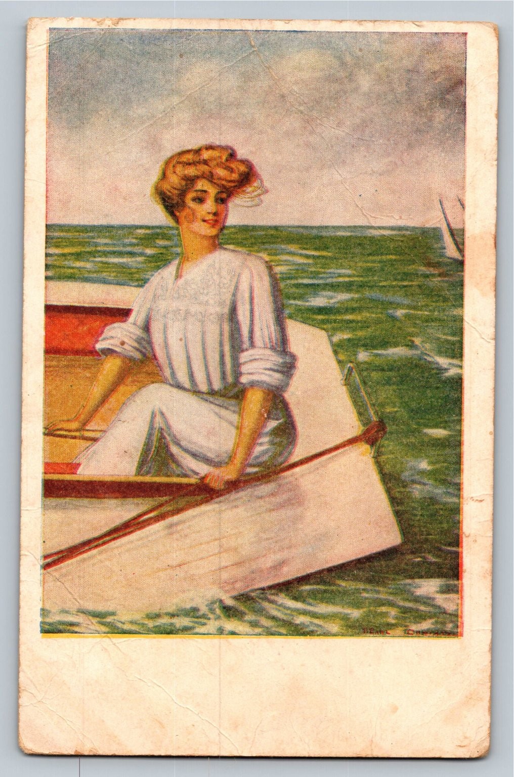 Edwardian Woman in Rowboat Postcard – Vintage Illustrated Art 1900s